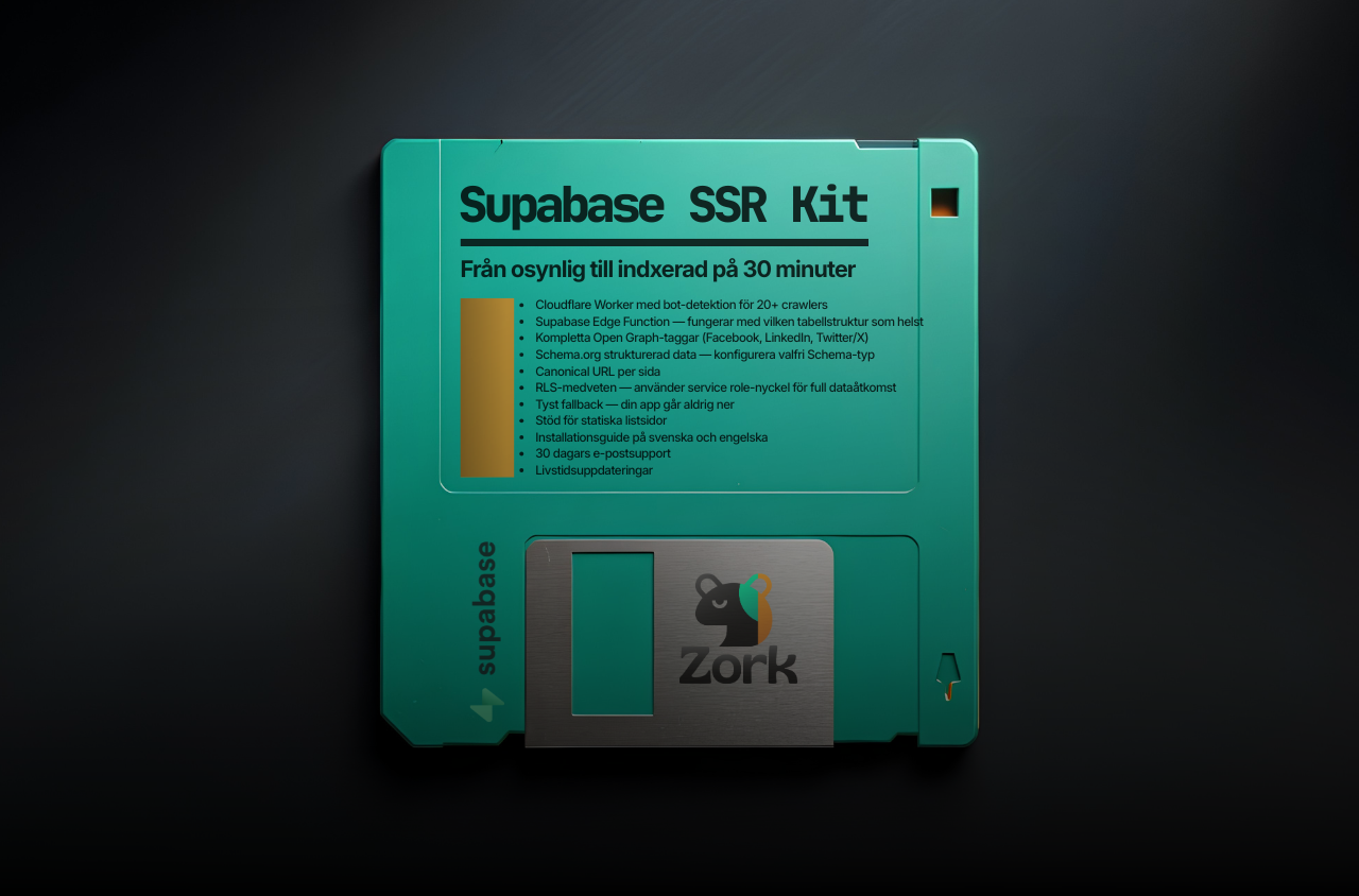 ZORC SSR Kit för Supabase — Cloudflare Worker och Supabase Edge Function som gör Lovable och React-appar synliga för Google, LinkedIn och AI-sökmotorer.