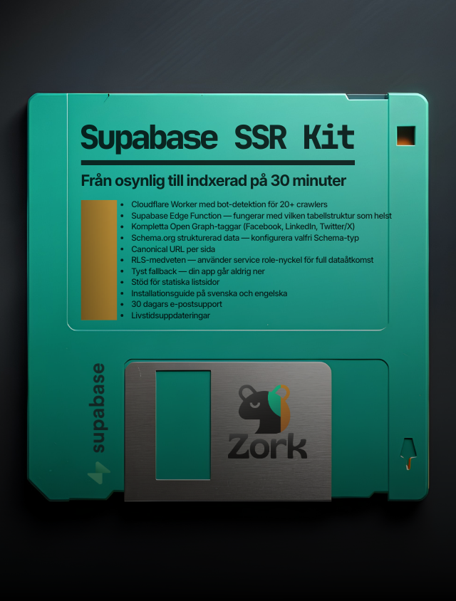 ZORC SSR Kit för Supabase — Cloudflare Worker och Supabase Edge Function som gör Lovable och React-appar synliga för Google, LinkedIn och AI-sökmotorer.