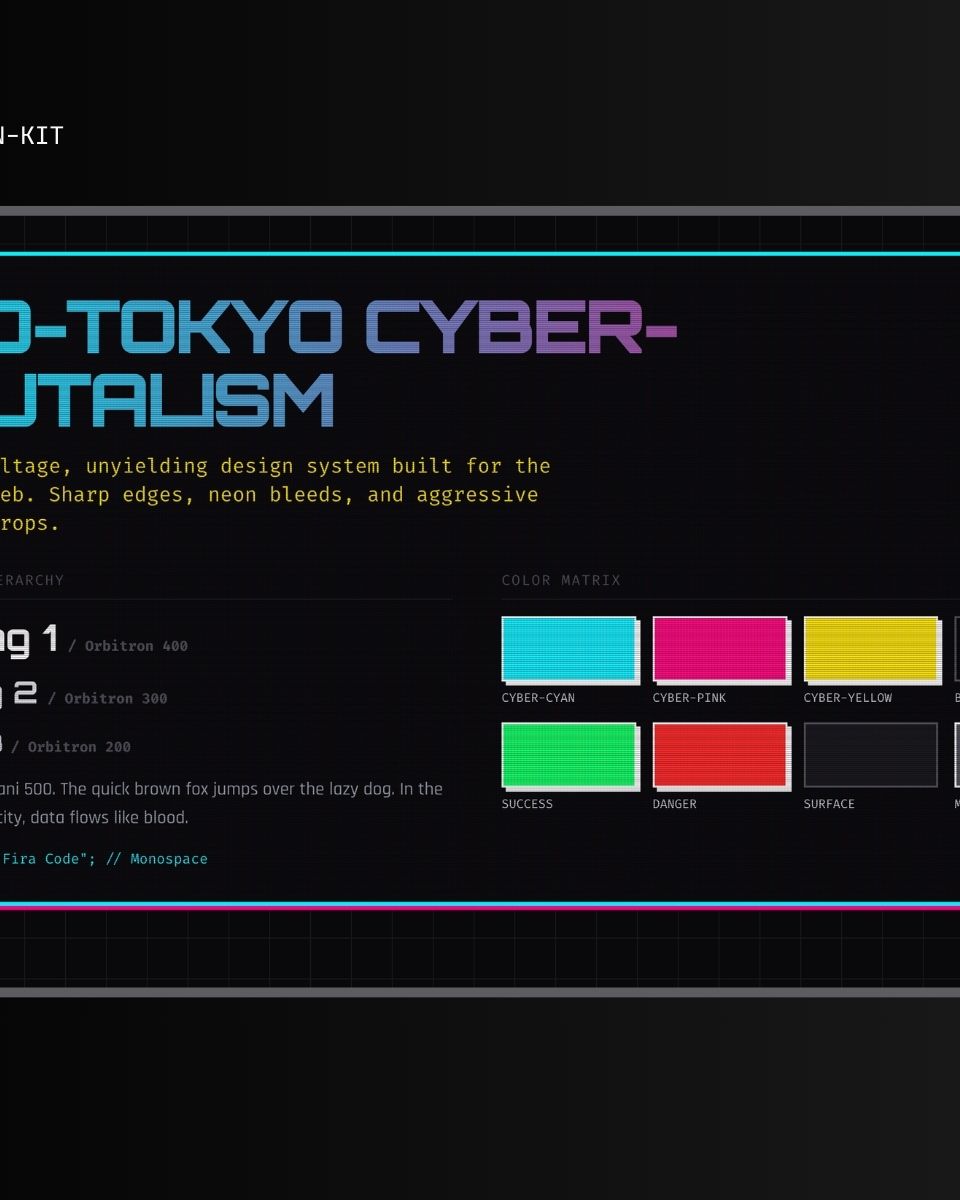 ZORC designsystem för Neo-Tokyo Cyber-Brutalism med neonfärger och typografi för webbutveckling och design