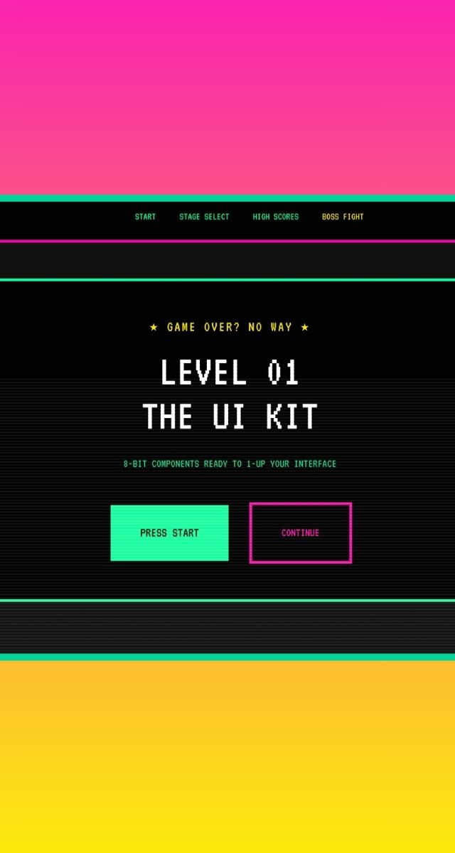 UI-design av ZORC med retro gaming-tema och 8-bitars komponenter för app-utveckling