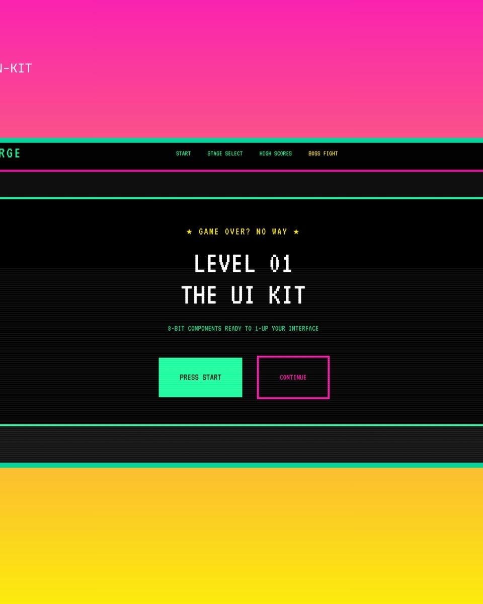 UI-design av ZORC med retro gaming-tema och 8-bitars komponenter för app-utveckling