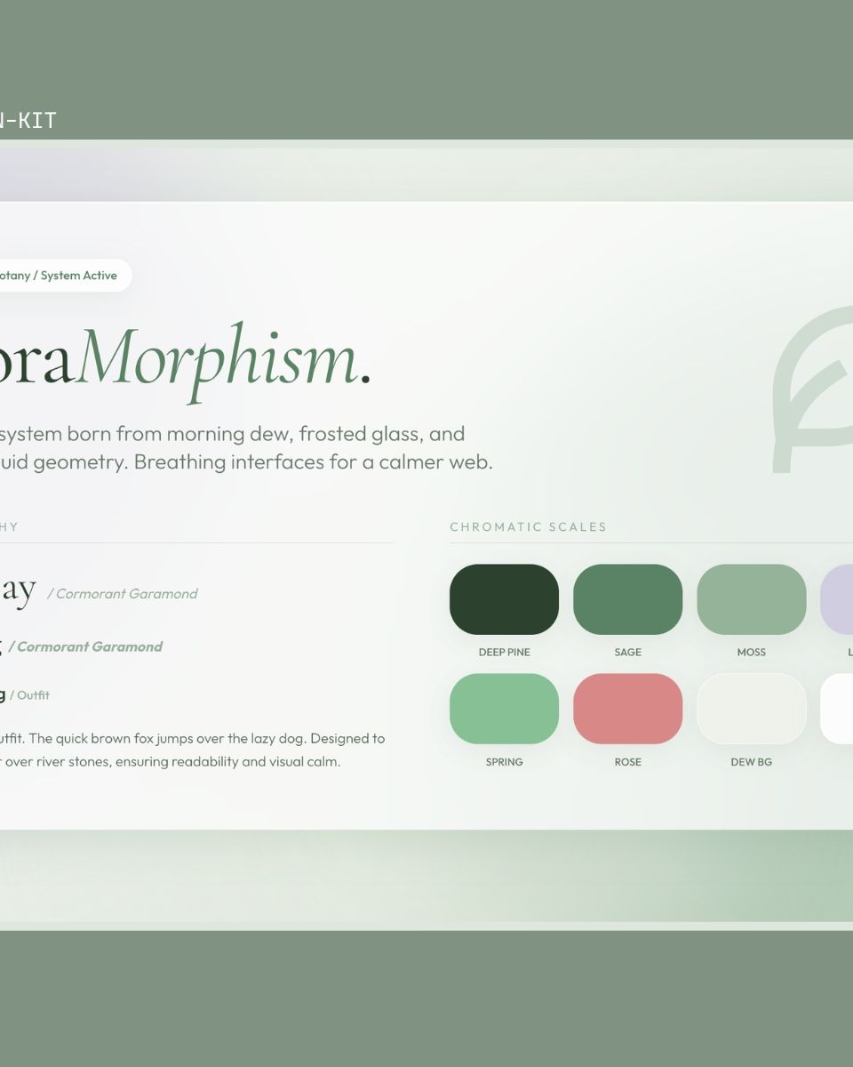 Designsystemet FloraMorphism fokuserar på harmonisk typografi och färgpaletter för webbutveckling och app-design med AI-element från ZORC