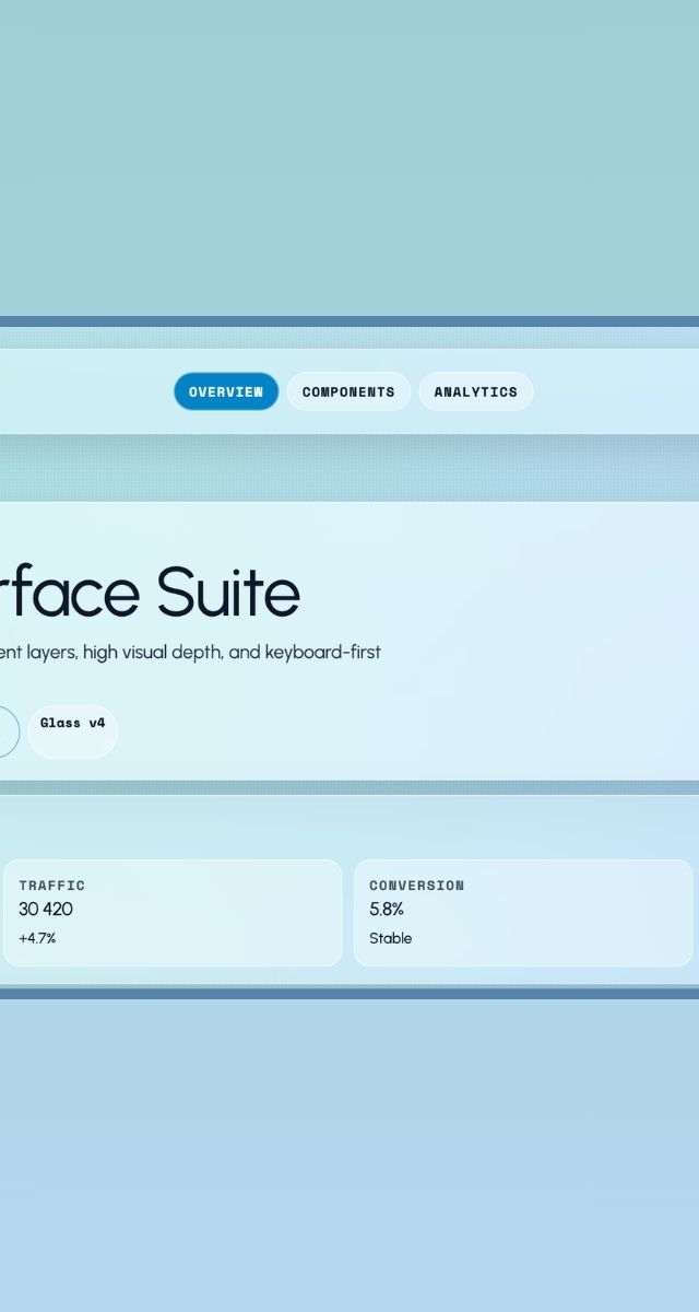 Glacier Interface Suite visar en användargränssnittdesign med transparenta lager och hög visuell djup för webbutveckling och app-design