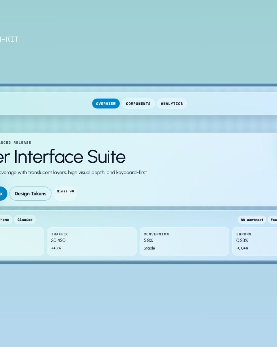 Glacier Interface Suite visar en användargränssnittdesign med transparenta lager och hög visuell djup för webbutveckling och app-design