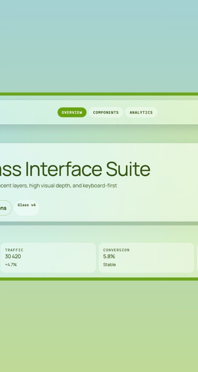 Meadowglass Interface Suite med hög visuell djup, designkomponenter och statistik för webbdesign och användarupplevelse