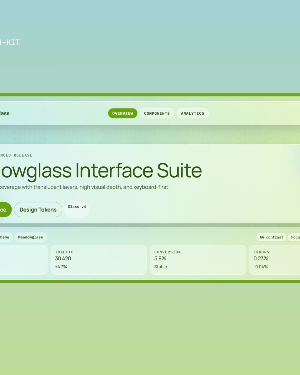 Meadowglass Interface Suite med hög visuell djup, designkomponenter och statistik för webbdesign och användarupplevelse