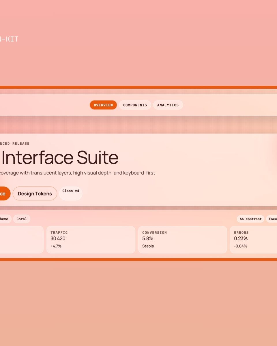 UI-design för ZORC:s Coral Interface Suite med statistik för intäkter och trafik samt designtokens