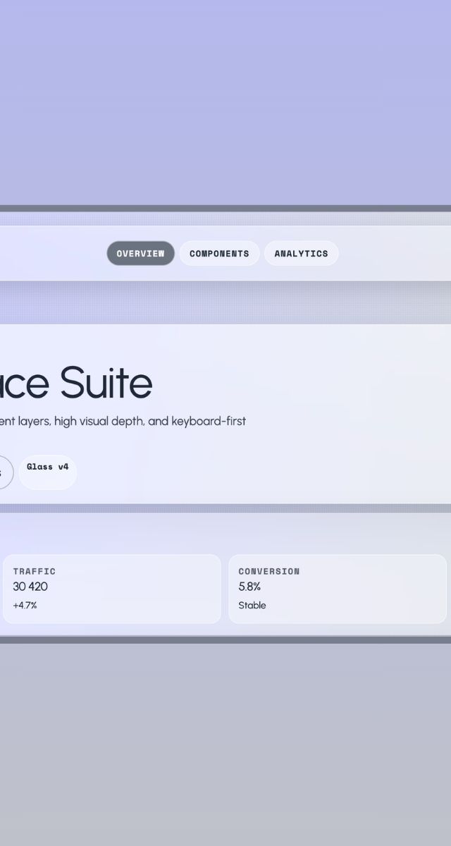 Gränssnittet för Pearl Interface Suite visar designverktyg med glassmorphism, stats för trafik och konvertering samt interaktionsdesign