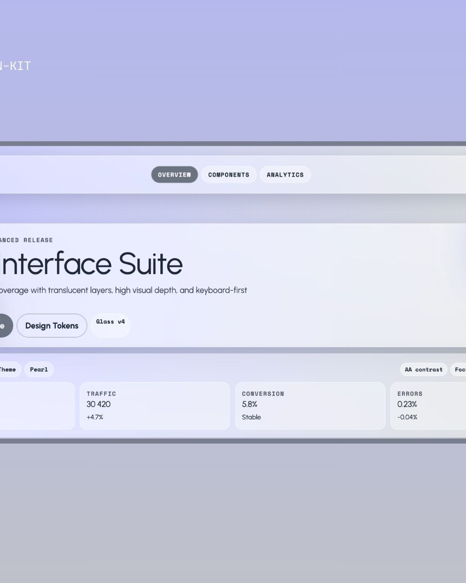 Gränssnittet för Pearl Interface Suite visar designverktyg med glassmorphism, stats för trafik och konvertering samt interaktionsdesign