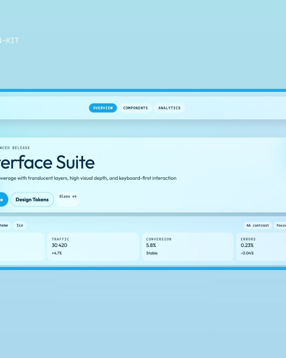 Användargränssnitt för ZORC:s Ice Interface Suite med statistik och designkomponenter för webbutveckling och AI