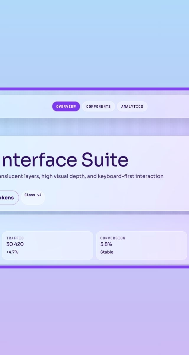 Violetsky Interface Suite visar avancerad design med glasformism, användarinteraktion och statistik för webbutveckling i appen ZORC