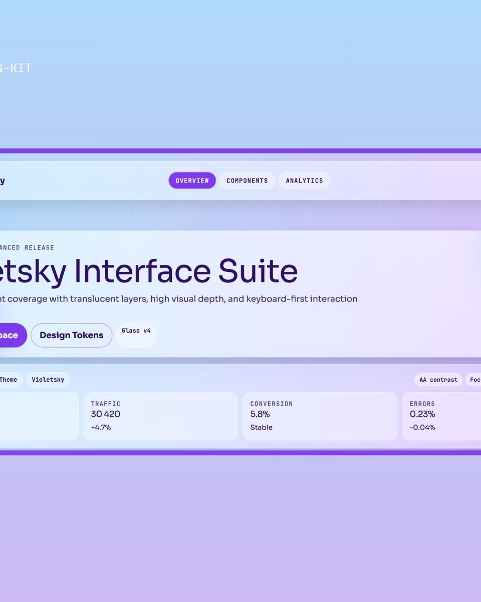 Violetsky Interface Suite visar avancerad design med glasformism, användarinteraktion och statistik för webbutveckling i appen ZORC