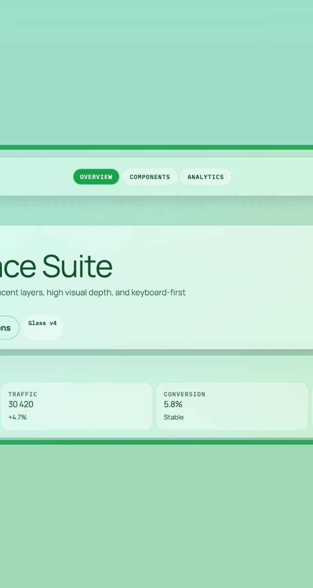 Mint Interface Suite med glassmorphism-design, statistik för intäkter, trafik och konvertering i ZORC-app