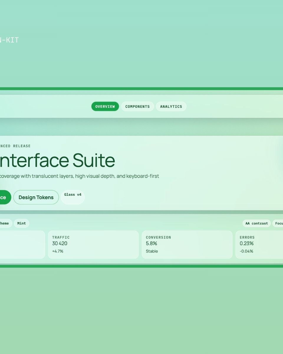 Mint Interface Suite med glassmorphism-design, statistik för intäkter, trafik och konvertering i ZORC-app