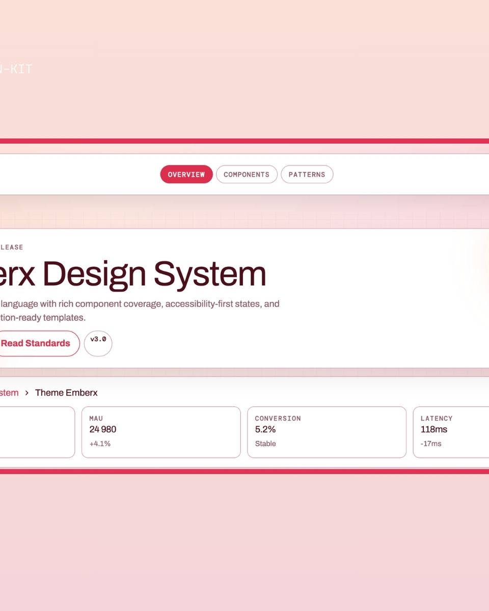 Emberx design system med komponenter och statistik för webbutveckling, optimerad för ZORC-appar och användarupplevelser