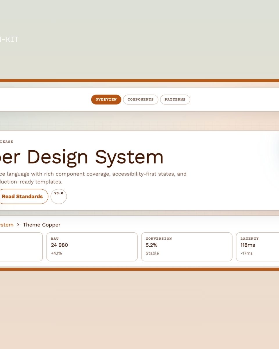 Copper Design System visar en avancerad designlösning med komponenter och mätvärden för webbutveckling och app-design av ZORC