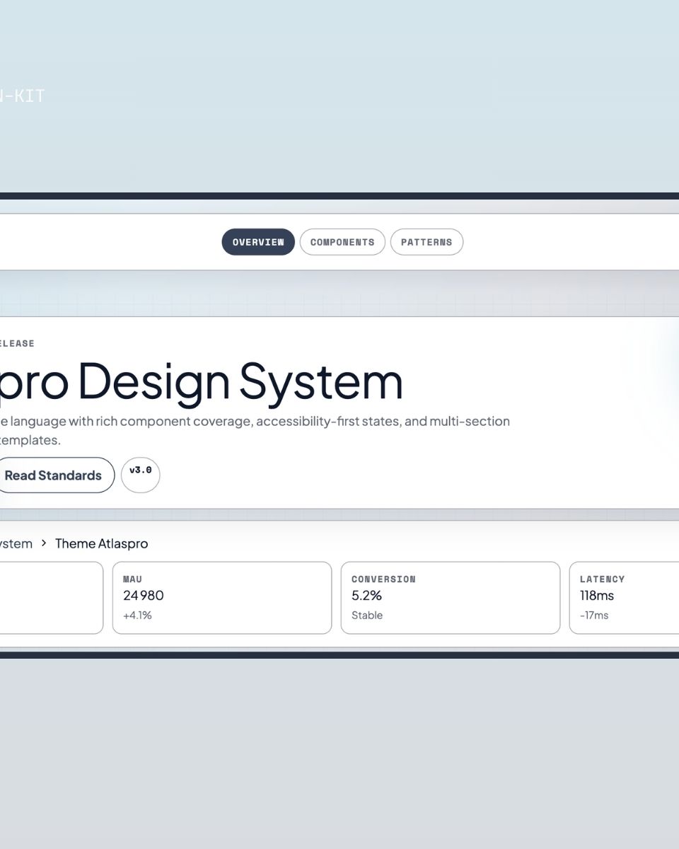 Atlaspro Design System gränssnitt som illustrerar komponenter, standarder och produktionsklara mallar för webbutveckling och design