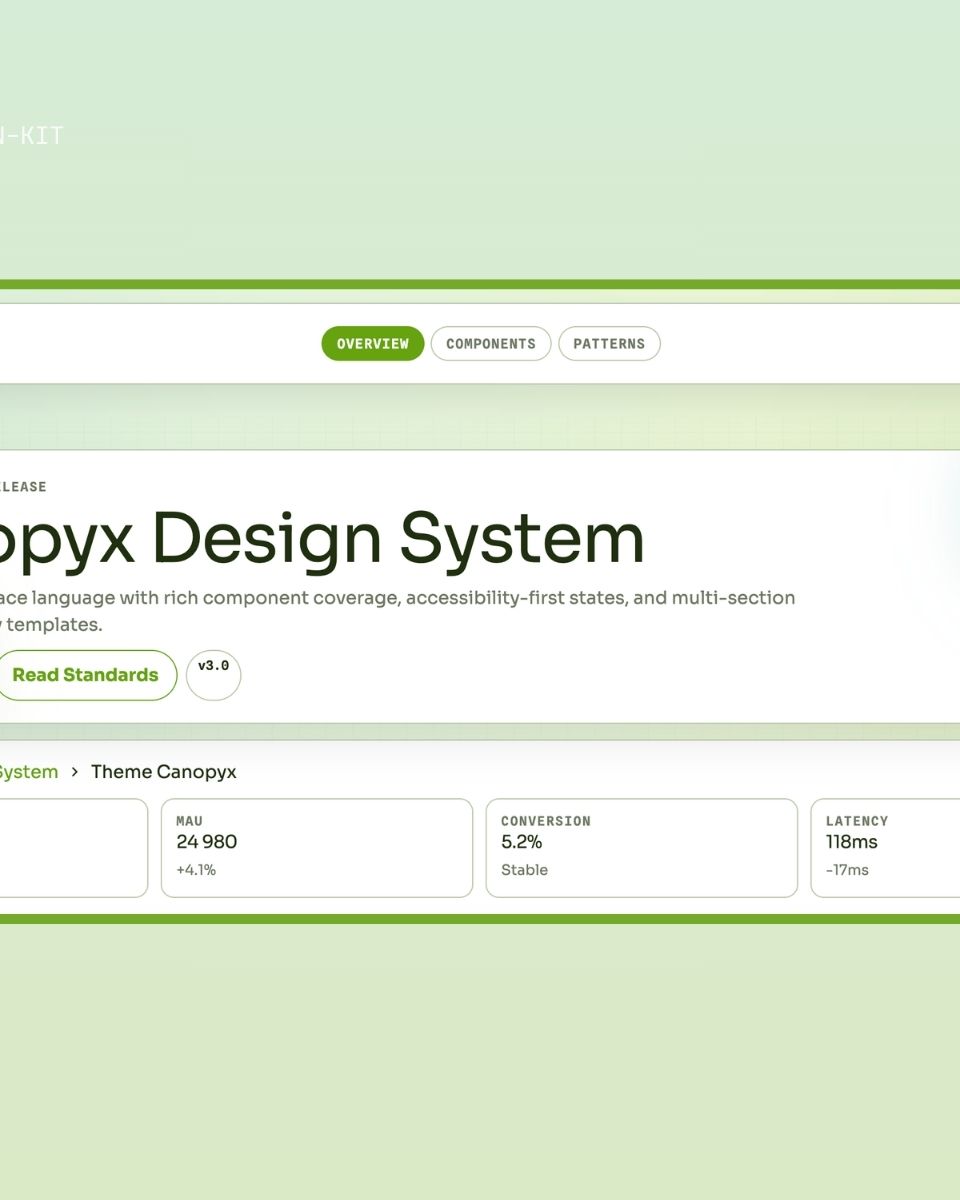 Canopyx design system som visar en användarvänlig gränssnittslösning med fokus på webbutveckling och app-design