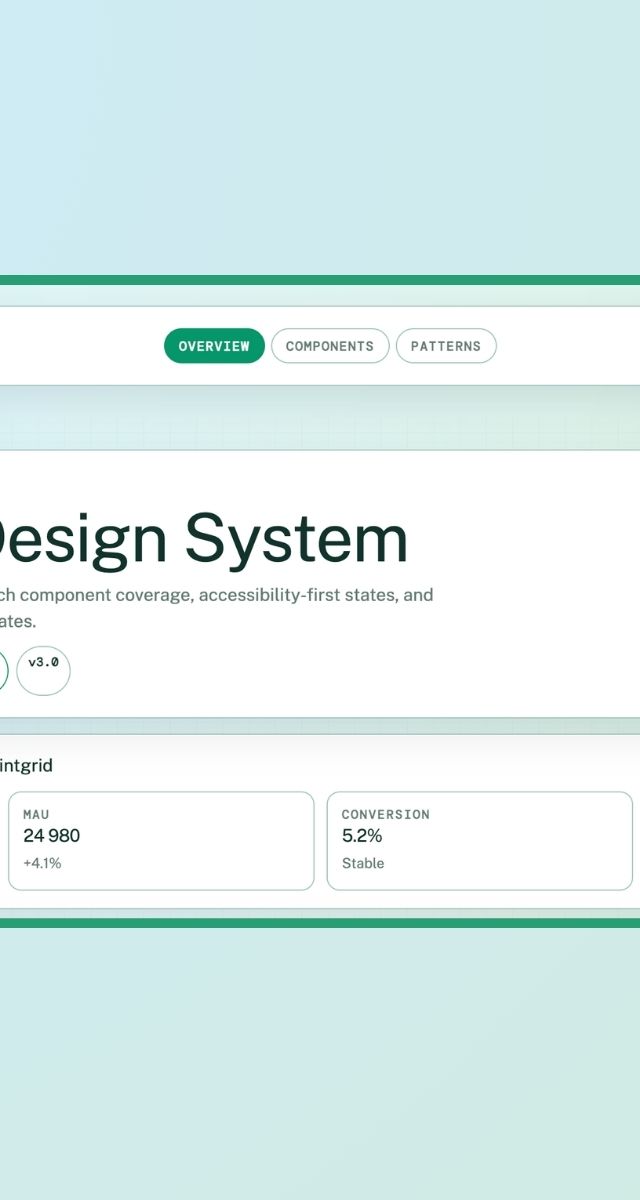 Mintgrid Design System från ZORC med information om komponenter, standarder och statistik för webbutveckling och design
