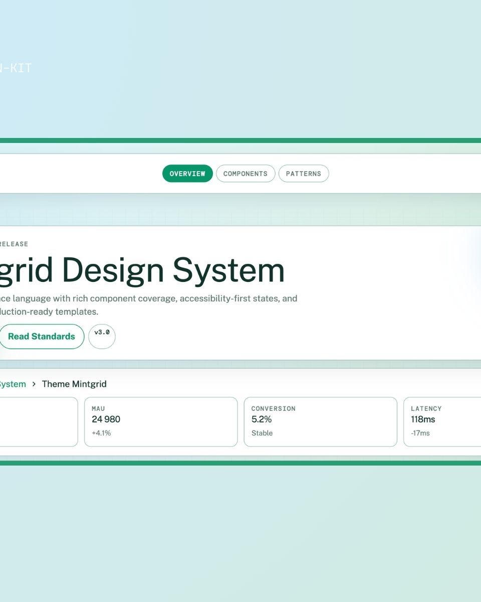 Mintgrid Design System från ZORC med information om komponenter, standarder och statistik för webbutveckling och design