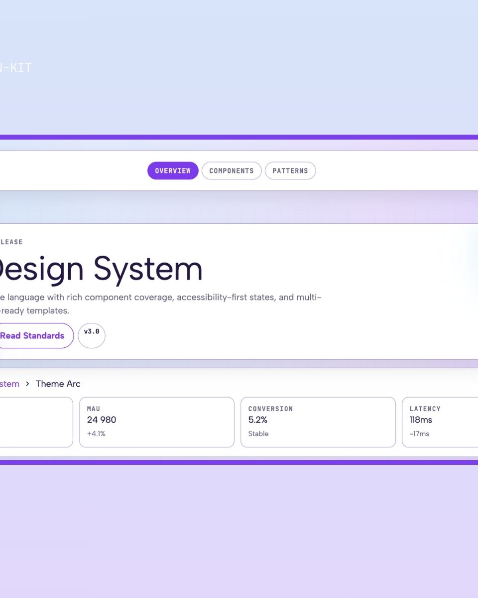 Arc Design System från ZORC visar gränssnittets komponenter, statistik och produktionsklara mallar med fokus på webbutveckling och design